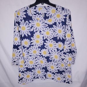 Alfred Dunner Top XL Navy Floral Sunflower Embroidered
